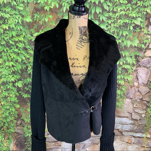 BENETTON Black Microsuede And Knit Sweater/Jacket, L